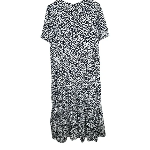 J Crew Factory Cotton Navy White Print Tiered Puff Sleeve Pocket MIDI Dress - Picture 4 of 12